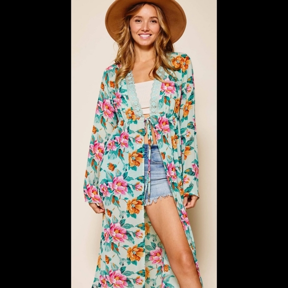 Lightweight boho lace self tie long duster maxi kimono cover up - Picture 3 of 14